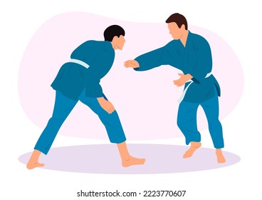 Athlete judoist, judoka, fighter in a duel, fight, match. Judo sport, martial art. Flat style.