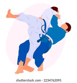 Athlete judoist, judoka, Kämpfer in einem Duell, Kampf, Spiel. Judo Sport, Kampfkunst. Flacher Stil.