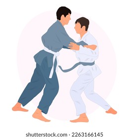 Athlete judoist, judoka, fighter in a duel, fight, match. Judo sport, martial art. Flat style.