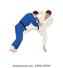 Judoista atleta, judoka, luchador en duelo, lucha, combate. Deporte de judo, arte marcial. Ilustración vectorial plana aislada en fondo blanco