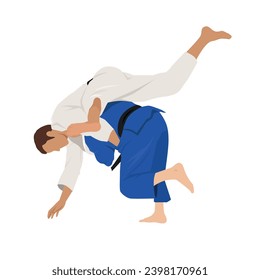 BJJ White Gi flat vector illustration. Kimono and pants with all belts  vector illustration in flat style. Brazilian Jiu-Jitsu kit. Isolated. on  black background. vector de Stock
