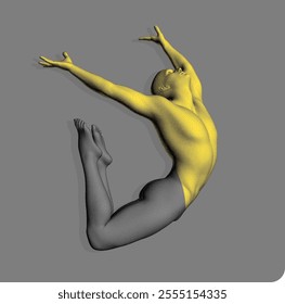 Athlete in a jump. Gymnastic exercises for health and fitness community. Stipple style human model with the effect of colour division of the body into two parts black and gold. 3D vector for design.