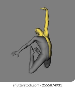 Athlete in a jump. Gymnastic exercises for health and fitness community. Stipple style human model with the effect of colour division of the body into two parts black and gold. 3D vector for design.