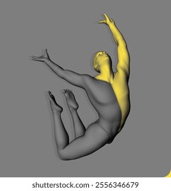 Athlete in a jump. Gymnastic exercises for health and fitness community. Stipple style human model with the effect of colour division of the body into two parts black and gold. 3D vector for design.