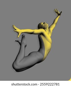 Athlete in a jump. Gymnastic exercises for health and fitness community. Stipple style human model with the effect of colour division of the body into two parts black and gold. 3D vector for design.