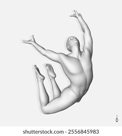 An athlete in a jump. Human body formed from stipple dots. Gymnastics activities for icon health and fitness community. Design for a sports event. Monochrome colouring. 3d vector for card, cover, etc.