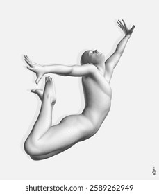 An athlete in a jump. Human body formed from stipple dots. Gymnastics activities for icon health and fitness community. Design for a sports event. Monochrome colouring. 3d vector for card, cover, etc.