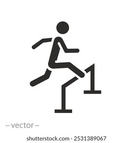 athlete jumping over barrier, hurdle jump icon, runner with obstacle, hurdler challenge skill, motivation way concept, flat vector illustration