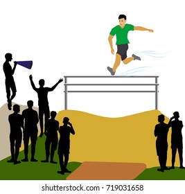 Athlete jumping over an obstacle. Racetrack with athlete and silhouettes of fans