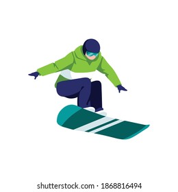 Atleta saltando con snowboard. Snowboarder con traje de esquí libre en montaña, deporte de invierno extremo ilustración vectorial de dibujos aislados en fondo blanco