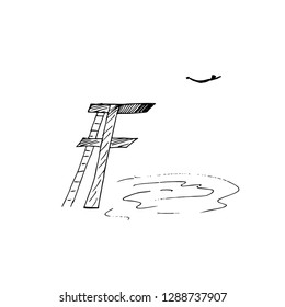 Athlete jumping from the tower. Hand drawn sketch. Vector illustration.
