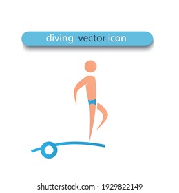 An athlete jumps from diving board into the water. The athlete is tacked and is going to dive. Vector flat design illustration. Symbol of water sports competition