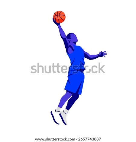 Athlete jumps, reaching for basketball with a dynamic pose, shown in a blue, stylized design against a white backdrop, suggesting motion and athleticism for sports themed illustrations.