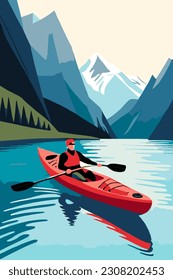 Athlete in a kayak with a paddle. Rowing illustration. The athlete is rowing in a boat.