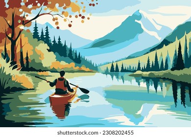 Athlete in a kayak with a paddle. Rowing illustration. The athlete is rowing in a boat.