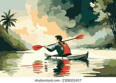 Athlete in a kayak with a paddle. Rowing illustration. The athlete is rowing in a boat.