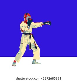 An athlete in a kimono with a blue belt and gloves makes a punch with his hand. Drawing in blue, red and white