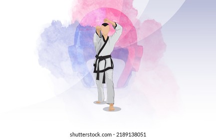 An Athlete In A Kimono Does Taekwondo Training. Abstract Red And Blue Background.