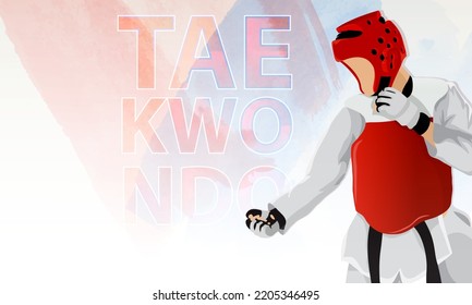 An athlete in a kimono and protective clothing elements, helmet, gloves, is engaged in the oriental art of taekwondo. Abstract background.