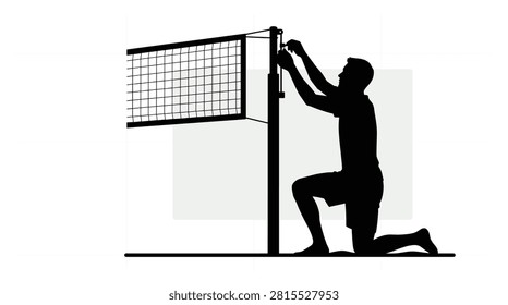 Athlete kneeling to adjust a volleyball net in black silhouette vector ideal for court setup content