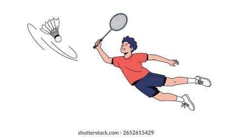 Atleta Saltando No Meio Do Ar Esmagando O Shuttlecock De Badminton Durante Recreação Intensa À Partida Esportiva