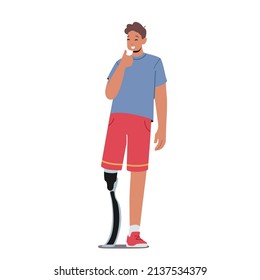 Athlete With Leg Prosthesis, Amputee Man Show Thumb Up Gesture. Disabled Paralympic Sportsman Male Character With Amputated Limb Isolated On White Background. Cartoon People Vector Illustration