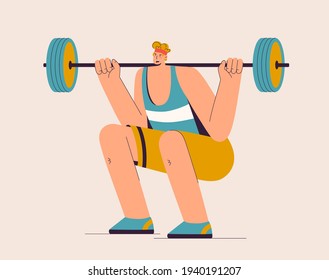 Athlete lifting barbell. Sportsman is engaged in weightlifting. Man in sportswear doing exercises. Hobby or professional sports concept. Vector character illustration isolated on white background