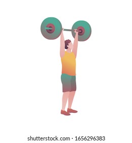 El atleta levanta la iluminación de barandilla, de gradiente vectorial plano. Un hombre dedicado a los deportes logra un nuevo logro al levantar fuertes campanas. Levantador de pesas construye músculos y trenes en el gimnasio aislado en blanco.