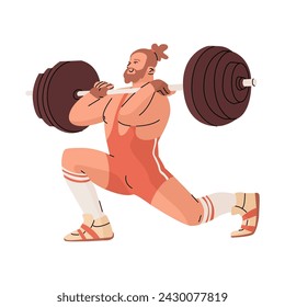 An athlete lifts a heavy barbell. A strong, muscular man is training with heavy weights. Training with the gym. Summer sports and competitions. Vector illustration isolated on transparent background.