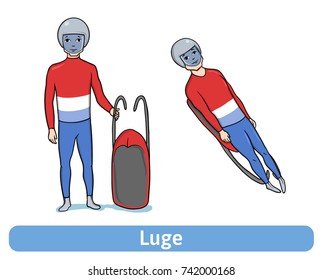 Athlete Luger. Young man with sledge standing and in motion. Winter sport, Luge. Vector Illustration, isolated on white background.