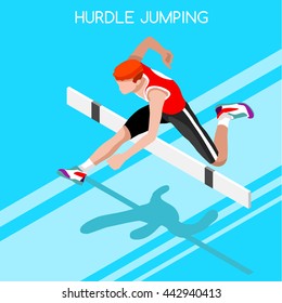 Athlete Male Run Hurdle Long Jump Sportsman Game Icon Set. 3D Isometric Athlete Runner. Sport Track Athlete International Race Competition. Sport Infographic Hurdler Jump Olympics Vector People Image