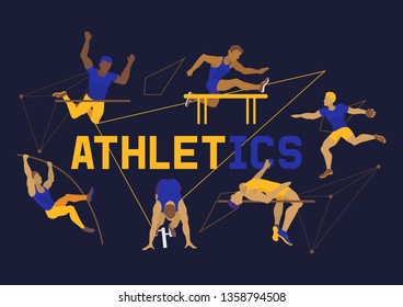 Athlete man banner, poster, brochure vector illustration. Exercising male in different poses. Man figures are training in sport club. Running and jumping. Athletics competition.