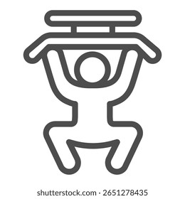 Homem atleta no ícone da linha da máquina de exercício, conceito de construção do corpo. Gráficos vetoriais. Levantamento de força de homem para braços, sinal de treinamento no fundo branco, ícone de estilo de contorno para design móvel ou web
