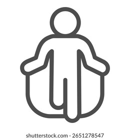 Homem atleta com salto ícone da linha da corda, conceito de construção do corpo. Gráficos vetoriais. Exercício desportista e sinal de treinamento no fundo branco, ícone de estilo de contorno para design móvel ou web