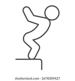 Homem atleta no ícone da linha fina do píer, conceito de esportes de verão. Gráficos vetoriais. Mergulhador preparar para saltar, sinal de mergulho no fundo branco, ícone de estilo de contorno para design móvel ou web