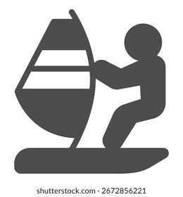 Sportler Mann auf Windsurfbrett solide Ikone, Sommersportkonzept. Vektorgrafiken. Surfer an Bord, Windsurfzeichen auf weißem Hintergrund, Symbol im Stil einer Glyphe für Mobil- oder Webdesign