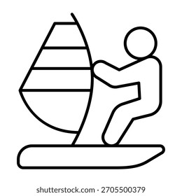 Sportler Mann auf Windsurfbrett dünne Linie Symbol, Sommer Sport Konzept. Vektorgrafiken. Surfer an Bord, Windsurfzeichen auf weißem Hintergrund, Umrissstil-Symbol für Mobil- oder Webdesign