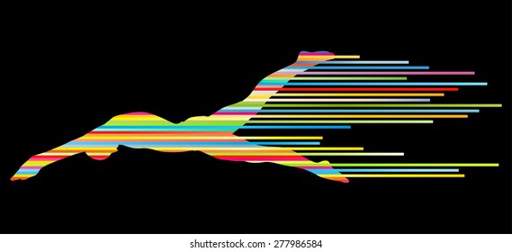 Athlete man swimmer jumping vector background concept made of stripes