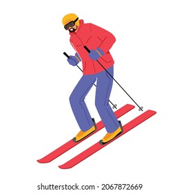 Athlete Man in Warm Clothes, Helmet and Sunglasses Skiing Isolated on White Background. Skier Riding Downhills at Winter Season. Sport Activity, Recreational Lifestyle. Cartoon Vector Illustration