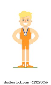 Athlete man winning silver medal vector illustration isolated on white background. Sport competition concept, sportsman personage in flat design.