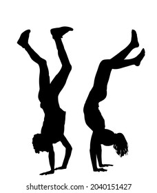 Athlete man and woman, hand stand couple in love vector silhouette illustration isolated on white. Acrobat girl and boy upside down fun entertainment. Sport activity with strong hands and balance.
