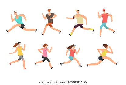 Athlete man and woman running. Energetic people runners in sportswear vector set. Sport athlete run and fitness, woman and man runner illustration