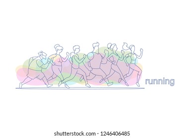 Athlete man and woman running. people of different ages running train preparing for a marathon. transparent running people in linear style with beautiful multi-colored blots against the background vec