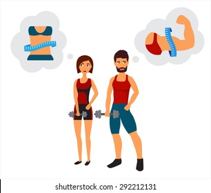Athlete man and woman training in gym dreaming about perfect slim muscle body. Sport Flat Vector Icons.