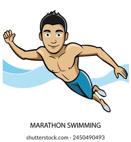 Athlete marathon swimmer isolated on white background in cartoon style. Vector illustration.