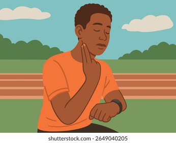 the athlete measures the pulse after training.
In the illustration, a man in an orange T-shirt checks his pulse on a treadmill by putting his fingers to his neck and looking at a smartwatch.
