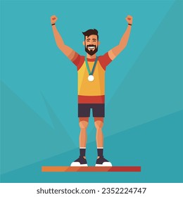 An athlete with a medal around his neck raises his hands in celebration of victory