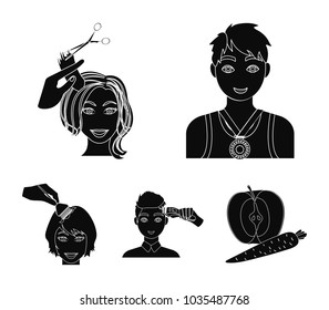 Athlete with a medal, a haircut with an electric typewriter and other web icon in black style. Women's haircut, hair coloring in the hairdresser's icons in set collection.