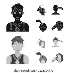 Athlete with a medal, a haircut with an electric typewriter and other web icon in black,monochrome style. Women haircut, hair coloring in the hairdresser icons in set collection.