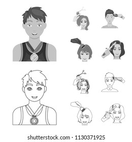Athlete with a medal, a haircut with an electric typewriter and other web icon in outline,monochrome style. Women haircut, hair coloring in the hairdresser icons in set collection.
